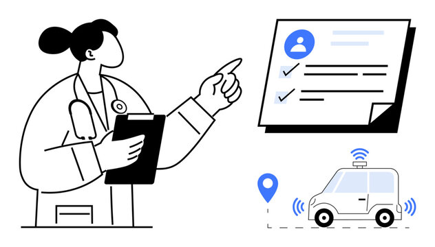 Doctor holding clipboard pointing at patient health data with checklists and profile icon. Self-driving car with GPS location pin and wireless signals. Ideal for healthcare, technology, autonomous