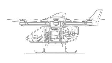 Drone Blueprint: A detailed technical drawing showcasing the intricate design and engineering of a futuristic drone, emphasizing its dual rotor and propeller system.