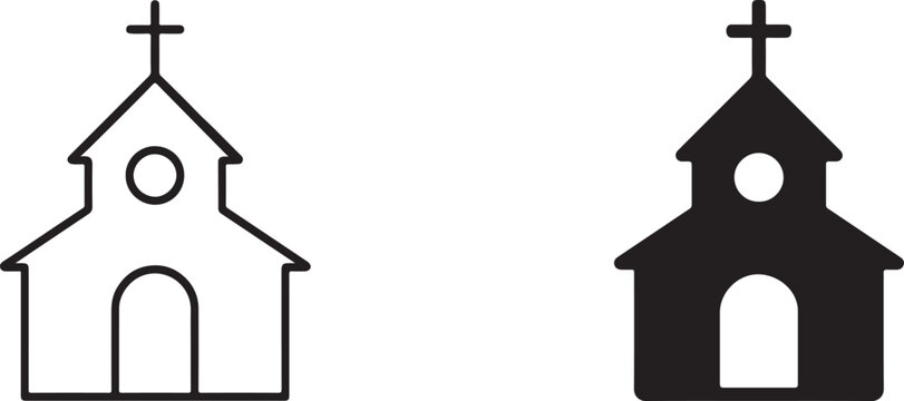 Cute church or chapel simple black silhouette and outline icon for religion, app and website design.