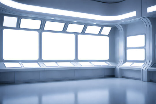 Futuristic spaceship interior window corridor with bright light, sci-fi space station background