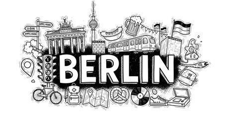 Obraz premium Illustrated berlin icons: brandenburger tor, tv tower, u-bahn, currywurst, bike, flags, and maps