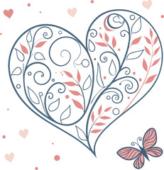 Vector heart with floral design and butterfly
