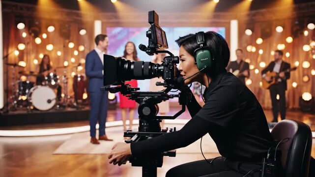 Cameraman operating camera on studio stage with band performing in background
