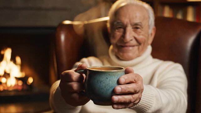 Elderly man holding tea mug by cozy fireplace. Senior relaxing in armchair with warm drink. Comfortable home moment of tranquility and enjoyment.
