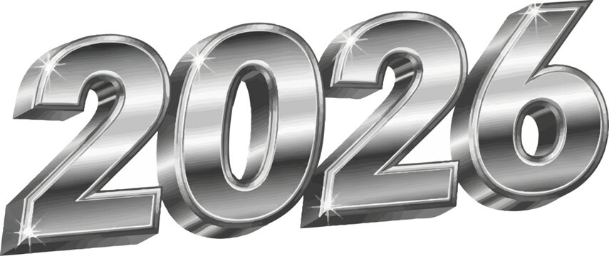 3D metallic numbers "2026" with shiny highlights on a white background