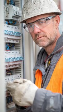 Electrician checking electrical panel wearing protective equipment