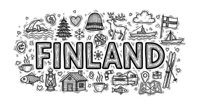 Hand-drawn finland doodle with cultural icons: reindeer, sauna, winter activities