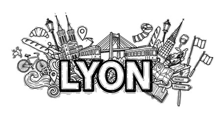 Naklejka premium Lyon doodle art with famous landmarks and cultural icons