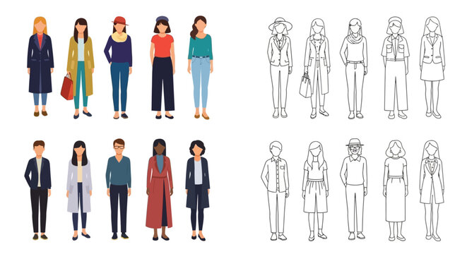 Diverse group of people standing, featuring both outline and colored illustrations on isolated white background