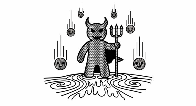 A knitted devil stands in a stormy, fiery landscape with smiling meteors