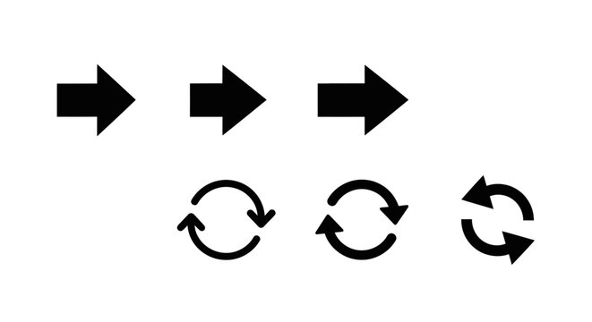 Set of basic black arrow and refresh or rotate icons on isolated white background