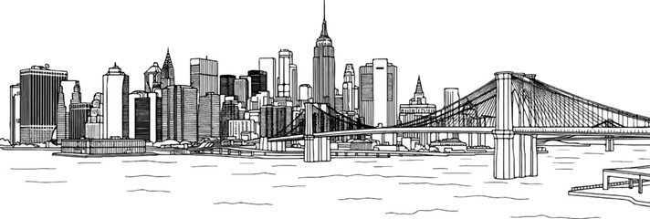 Fototapeta premium A black and white sketch of a city skyline with a prominent suspension bridge