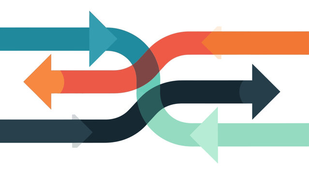Overlapping horizontal arrows in various colors representing data transition crossing paths and business workflow integration