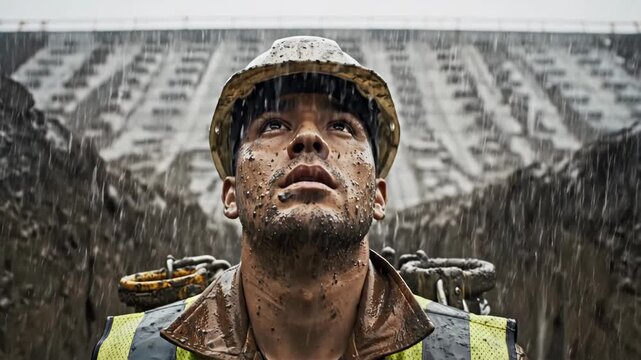 Engineer in construction trench shields face from rain. Man in safety helmet and vest inspects muddy site during storm. Infrastructure worker facing wet weather challenges in underground project.