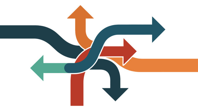 Colorful intersecting arrows pointing in multiple directions representing complex business decisions and chaotic networking concept