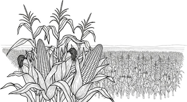 Black and white illustration of corn stalks and cobs in a vast field