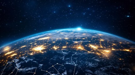 Obraz premium Earth at Night with City Lights and Network Connections