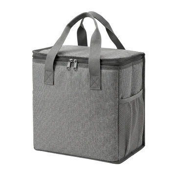 Insulated grey fabric cooler bag with zipper and handles