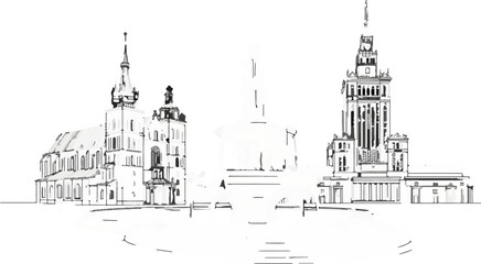 Obraz premium Sketch of a cityscape featuring ornate buildings and a prominent tower