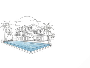 Obraz premium Sketch of a modern house with a swimming pool and palm trees under a sky