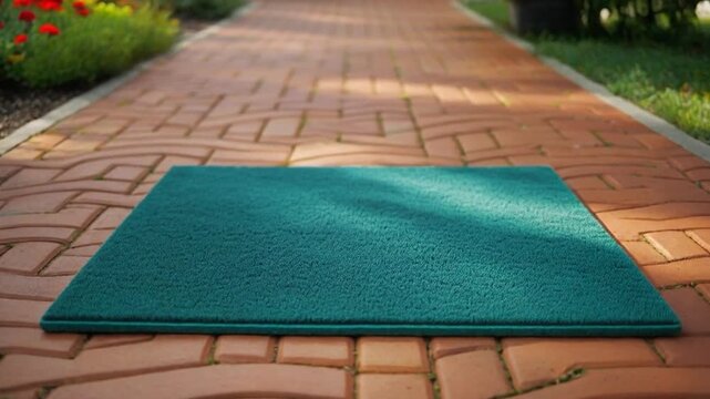 Green welcome mat on a brick pathway in a garden with flowers and grass