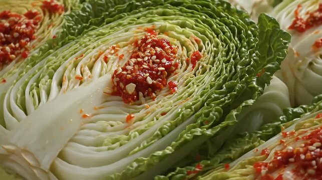Close up of fresh kimchi cut open vibrant colors textures of napa cabbage with red chili paste and sesame seeds macro photography details