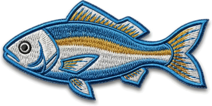 Embroidered fish patch with blue, white, and gold stripes