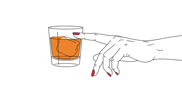 A minimalist line art illustration of a woman's hand with red nail polish reaching for a glass of whiskey with ice, on a clean white background.