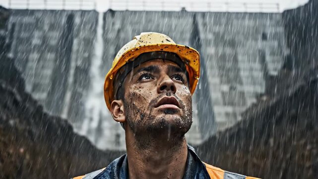 Construction engineer wiping mud from face in rainy trench. Man in hard hat and vest working on site during storm. Infrastructure building and labor challenge concept.