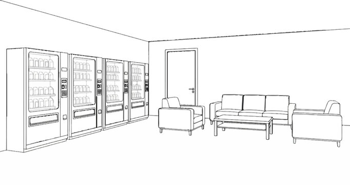 A waiting area with multiple vending machines, seating, and a door