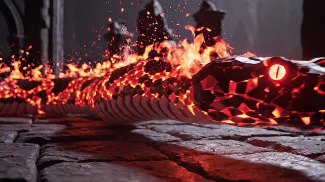 Dragon on fire in dark castle.