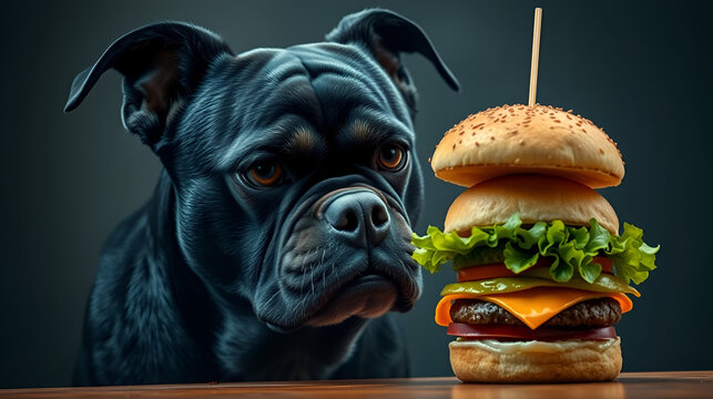 Black dog with an angry expression looking at a hamburger, AI-generated.