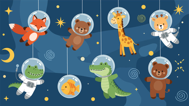 A whimsical collection of cute cartoon animals, including a fox, bear, and giraffe, floating in outer space wearing astronaut helmets among stars.