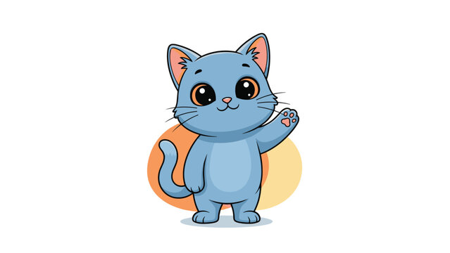 An adorable and friendly blue cartoon kitten with big expressive eyes, standing and waving its paw in a cheerful greeting gesture.