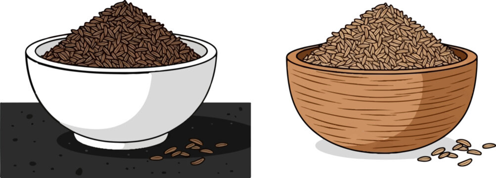 Two isometric bowls brimming with dried cumin seeds, one white, one wooden