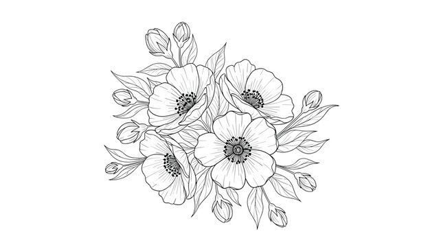 A beautiful and intricate hand-drawn bouquet of anemone flowers and buds in a detailed black and white line art style for elegant designs.