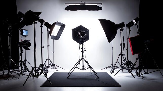 Professional Photography Studio Setup: Lighting Equipment, Softboxes, and Reflectors.
