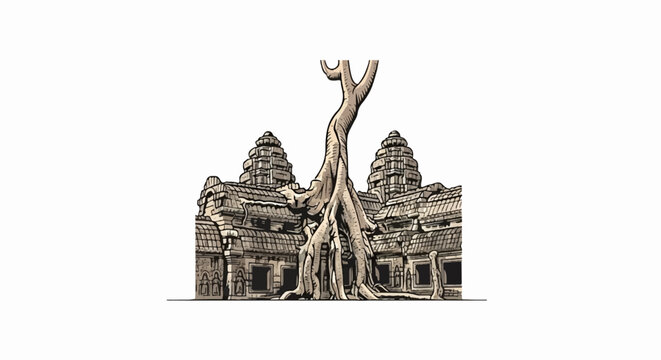 Ancient stone temple with massive tree roots reclaiming its structure