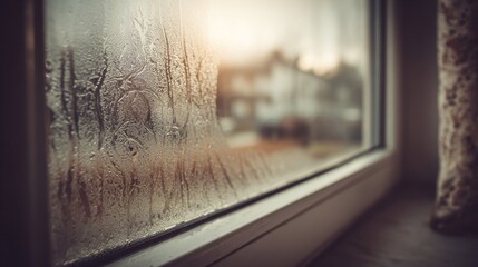 Organic condensation patterns forming on a foggy window glass with blurred outdoor scenery, evoking a sense of warmth and atmosphere.