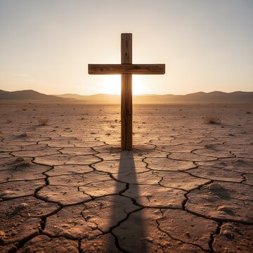 Single Wooden Cross in a Dry Desert Landscape at Sunset