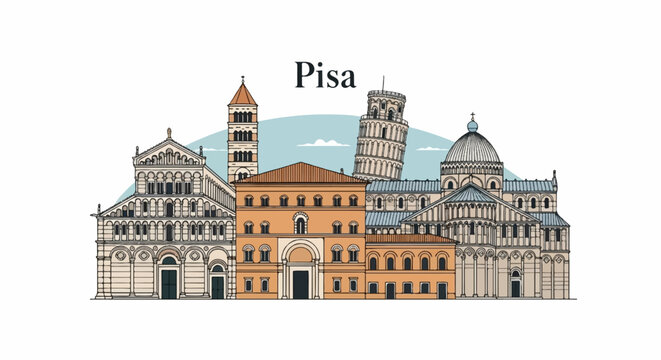 Architectural landmarks of Pisa, Italy, with iconic leaning tower and cathedrals