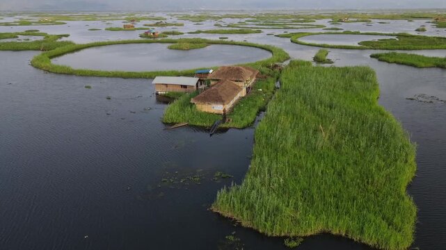 Aerial View of Loktak Lake Floating Islands Phumdis in Manipur India