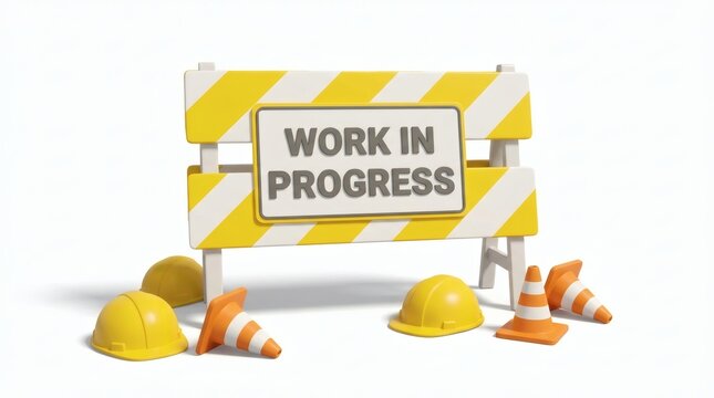 Work In Progress Sign Yellow barrier with hardhats and road cones on white.