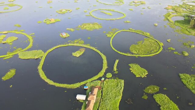 Aerial View of Loktak Lake Floating Islands Phumdis in Manipur India