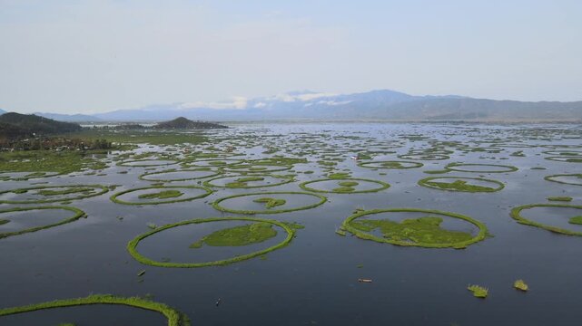 Aerial View of Loktak Lake Floating Islands Phumdis in Manipur India