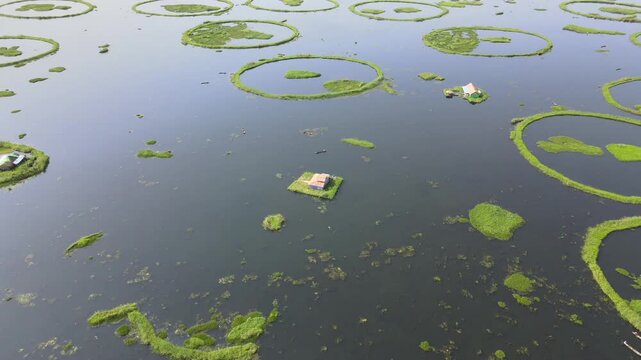 Aerial View of Loktak Lake Floating Islands Phumdis in Manipur India