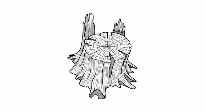 Hand-drawn illustration of a detailed tree stump with weathered bark and visible rings