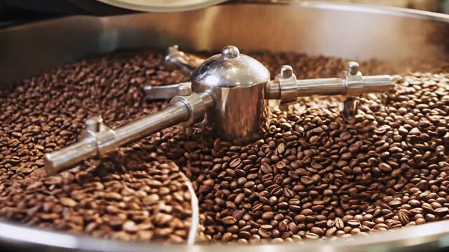 Roasted coffee beans in industrial roaster with stirring mechanism
