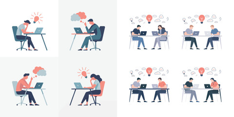 Concept of Business Team Brainstorming and Creative Idea Generation, People Working on Laptop with Light Bulb Symbols, Modern Flat Vector Illustration for Professional Workflow and Problem Solving
