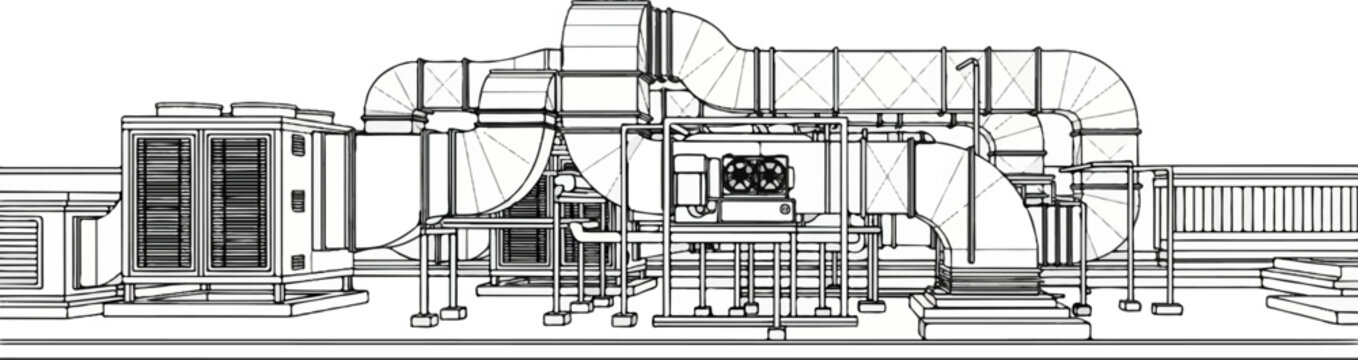 Detailed line drawing of HVAC equipment and ductwork on a rooftop